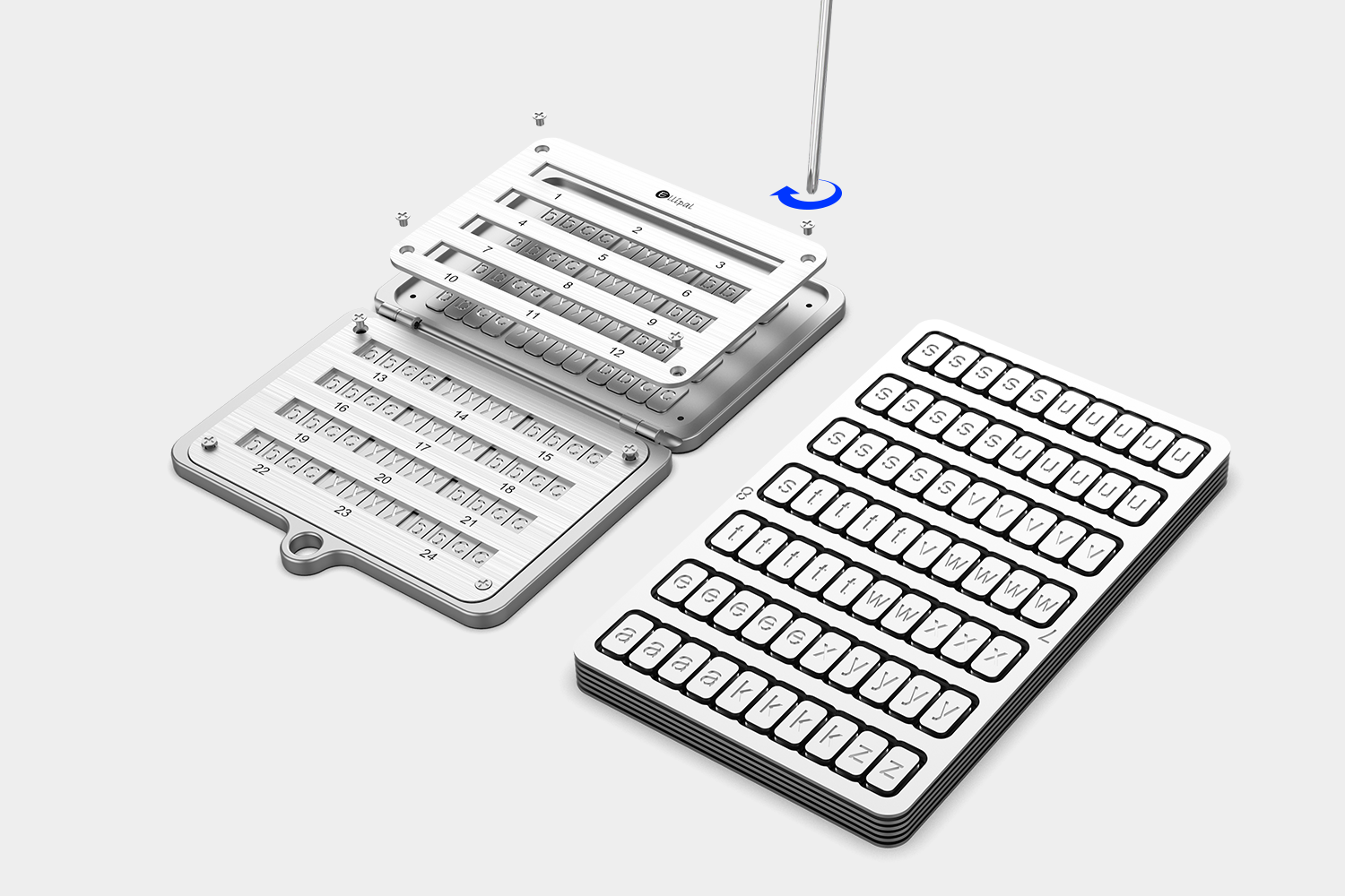 ELLIPAL Seed Phrase Steel disassembled with letters, crypto security