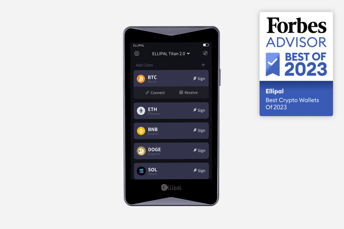 ELLIPAL Titan 2.0 Cold Wallet displaying crypto currencies, Best of 2023