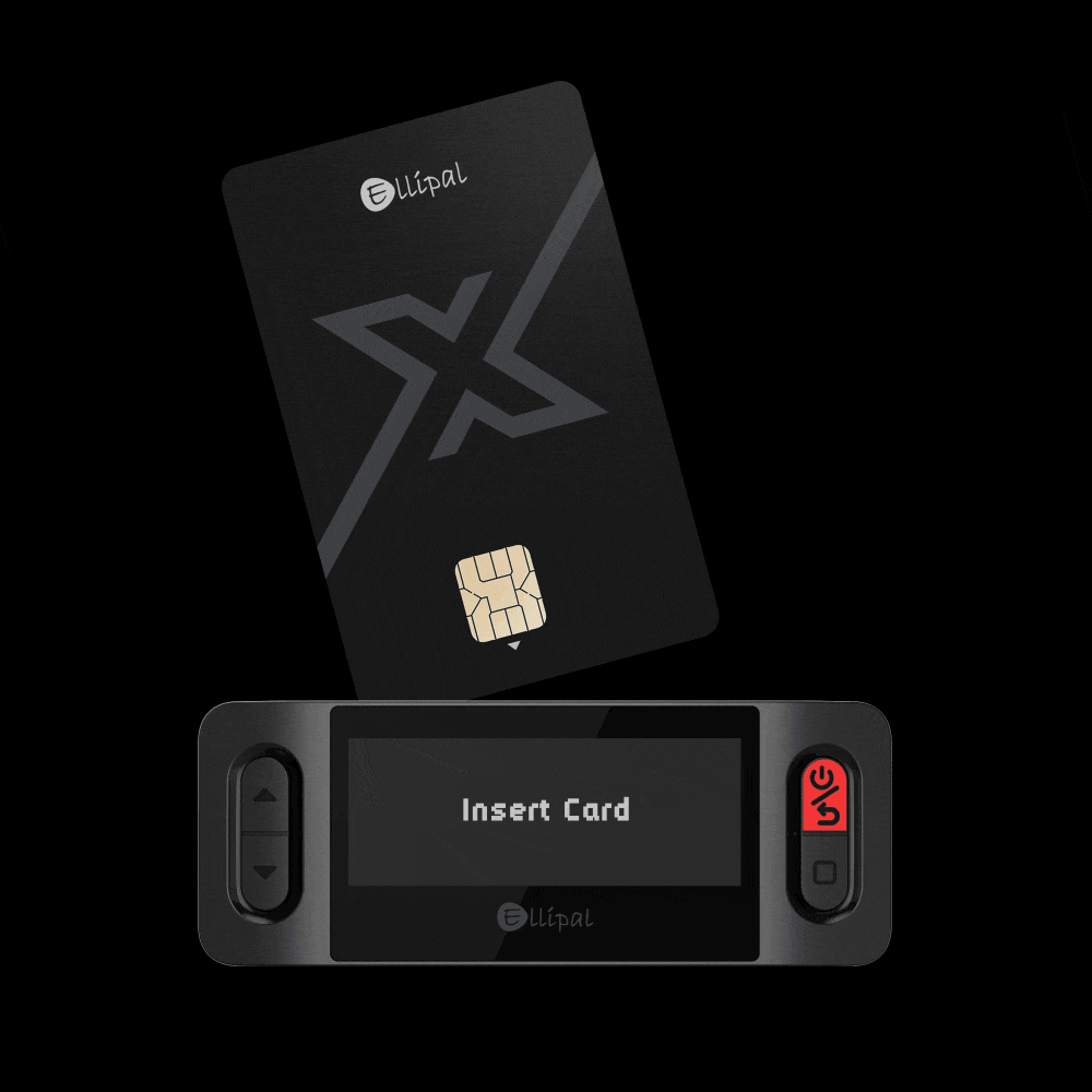 Ellipal X Card crypto cold wallet being inserted into a reader.